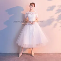 ウエディングドレス 袖あり 半袖 ミモレ丈 大きいサイズ 3L 白 ホワイト 刺繍 花 Aライン 透け感 シースルー ラウンドネック フェミニン 韓国 CCLF1104P048