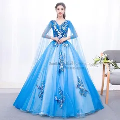 ウエディングドレス カラードレス 二次会 花嫁 大きいサイズ 3L 4L 青 ブルー ロングドレス プリンセスライン Vネック ケープ袖 フラワー 刺繍 レース CCLF1104P044