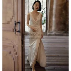 ウェディングドレス カシュクール スレンダーライン 袖なし ノースリーブ ロング丈 スリット 背中あき バックオープン 大きいサイズ 白 二次会 花嫁 ドレス CCLF1104P062