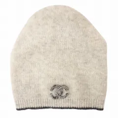CHANEL シャネル カシミヤ ココマークロゴ ニットキャップ ビーニー 帽子 ライトグレー メンズ レディース 【中古】