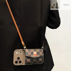 ブラウン小熊 保護ケース チェック柄 コイン&カード収納 ショルダーベルト付き 全包み 耐衝撃 ソフトケース iPhone17/17pro/17pro max/16/15/14/13/12/11 多機種対応
