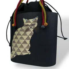 【B4035】 ハンドバッグ バケツ型 巾着袋 ネコ 猫 動物 レディース 刺繍 和装 ロープ 房飾り 織物 カジュアル ネイビー