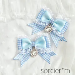 Candy♡Jewel リボン ヘアクリップ ♡ ヘアピン フリル ハート チャーム 水色 サックス 天使界隈 量産型 ゆめかわいい ロリィタ ロリータ ツインテール ギンガムチェック
