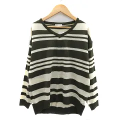 ドレスキップ DRESKIP ニット カットソー 長袖 Vネック ボーダー柄 M モスグリーン オフホワイト /YK47