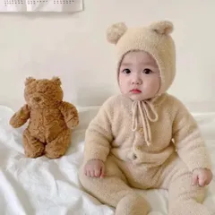 ⭐︎ベージュ⭐︎くま耳ロンパース ベビー服 韓国子供服 着ぐるみ ロンパース カバーオール ジャンプスーツ ベビー 赤ちゃん くま 熊耳 帽子 前開き 足つき ミンクカシミア 防寒 暖かい 女の子 男の子