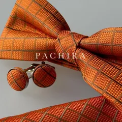 蝶ネクタイ チーフ カフス 3点セット オレンジ 結婚式 新郎メンズ フォーマル  オレンジ 格子柄 チェック柄  前撮り 披露宴 二次会 成人式 卒業式 タキシード スーツ ブラウン ベージュ ブラック ネイビー おすすめ