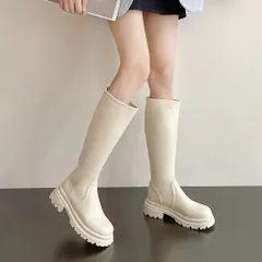 ロングブーツ 厚底ブーツ レディース 韓国 ニーハイブーツ 膝下 ジョッキーブーツ バックジップ 厚底 PUブーツ 太ヒール 靴 履きやすい 秋冬 おしゃれ 美脚 ブーツ ジッパー付き ローヒール シンプル 新品 未使用