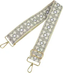 HSE金丸商店 ショルダーストラップ 刺繍 幅広 花柄 ボヘミアン チェック レオパード (ライトグレー チェック, 幅5cm)