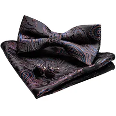 [JEMYGINS] 「ジェミギンズ 蝶ネクタイ メンズ カレッジネイビー/茶褐色 シルク ペイズリー柄 フォーマル ビジネス 結婚式 プレゼント カフス ボタン ハンカチ セット(3) 1