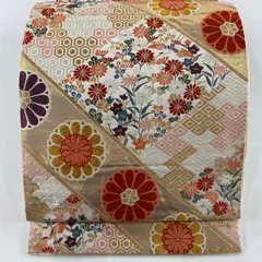 袋帯 秀品 菊 花鳥 唐織 金糸 クリーム 六通 正絹 【中古】