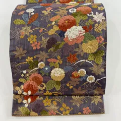 袋帯 秀品 関西仕立て 脳衣草花紋 唐織 箔 灰紫 六通 正絹 【中古】