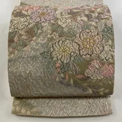 袋帯 名品 辻が花柄 鴛鴦 金糸 箔 ベージュ 六通 正絹 【中古】