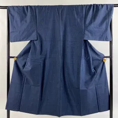 男着物 身丈142.5cm 裄丈68.5cm M 袷 アンサンブル 紬 幾何学模様 濃紺 正絹 秀品 【中古】