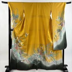 振袖 身丈167cm 裄丈69cm L 袷 草花 蝶 金通し 金銀彩 山吹色 正絹 名品 【中古】