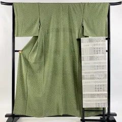 小紋 身丈157cm 裄丈67.5cm L 袷 名古屋帯セット 麻の葉 花 よもぎ色 正絹 秀品 【中古】