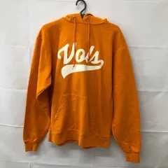 A1663 チャンピオン　M アメリカ古着 プリント スウェット パーカー オレンジ Champion メンズ