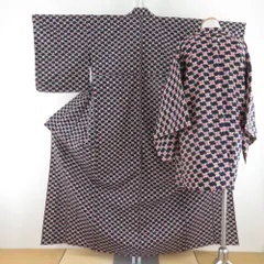 ウール着物 アンサンブル 羽織セット 花格子柄 単衣 青紫色 バチ衿 カジュアルきもの 仕立て上がり 身丈158cm