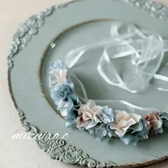 【花カチューシャ】犬 ペット ベビー 花冠 チョーカー カチューシャ 紫陽花 水色グレー 記念撮影 記念日 フォト アーティフィシャルフラワー  ヘッドドレス 髪飾り レース リボン ガーリー ナチュラル 可愛い