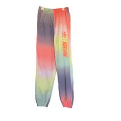 Z1588 adidas アディダストラックジャージ下 ホワイト マルチカラー レディースXS レインボー ロゴマークプリント