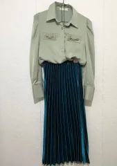 サテン ブラウス スカート セットアップ