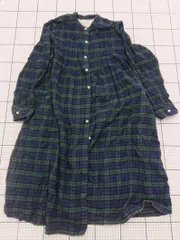 ◇ Θ 無印良品 オーガニックコットン長袖ワンピース ネイビー系×グリーン系 チェック Mサイズ レディース E  【1508250045233】