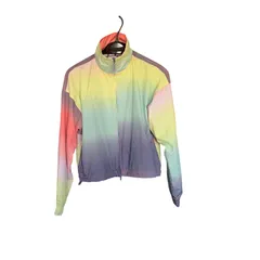 Z1588 adidas アディダス  フード ジャンパー レディースS ピンク トラックジャケット スポーツ レインボー マルチカラー シャカシャカ