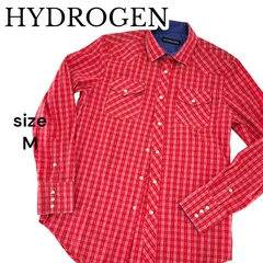 【美品】HYDROGEN ハイドロゲン 長袖シャツ シアサッカー生地 バックスカル刺繍 M レッド チェック柄