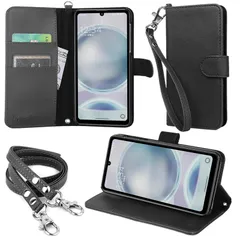【迅速発送】wisers AQUOS sense8 SH-54D SHG11 対応 手帳型スマホケース (ブラック) 牛革調PUレザー (カードホルダー/スタンド機能付き) ストラップ 2種付き (ハンドストラップ/ネックストラップ) 2023年 新型