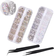 【迅速発送】YFFSFDC ネイルアートパーツ ネイル デコ用 クリスタル ラインストーン 大容量セット DIY セルフネイル カラーラインストーン4色 ケース入 ピンセット2本付き