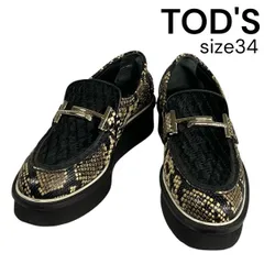 トッズ TOD'S プラットフォームローファー 厚底 パイソン柄 メタルアクセサリー 黒 ブラック ベージュ 34 21～22cm レディース 5E236