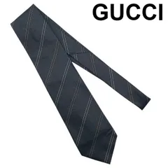 ● 美品 グッチ GUCCI ネクタイ ストライプ柄 ジャカード織り 裏GGロゴ ネイビー 紺 シルク100％ メンズ 5E253