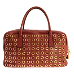 【美品】  PRADA / プラダ | レザー スタッズ 三角プレートロゴ ハンドバッグ | ボルドー/ゴールド | レディース