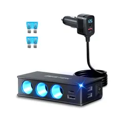 【在庫セール】PD36W/65W・QC3.0 3ポート 18W*4充電ポート搭載 シガーライターソケット 車載充電器 急速充電 カーチャージャ 増設 LED電圧・電流表示機能搭載、12V/24V車対応 USB 車 (ダークブラック 3連 180W TR49)