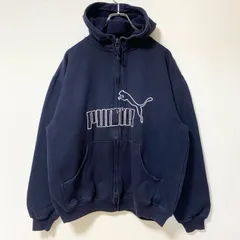 【3点以上まとめ買いで20%OFF】古着 used　PUMA プーマ　長袖フルジップロゴデザインパーカー　スウェットフーディ　ネイビー　前ポケット　Lサイズ