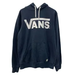 VANS プリントスウェット パーカー S ネイビー ホワイト ヴァンズ プルオーバー 裏起毛 ビッグプリント フーディー 秋物 a710-7122