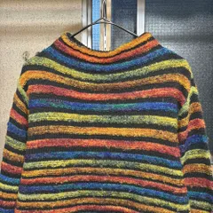 90〜00s 日本製 ARRONE アローネ モックネック マルチカラー ボーダー ニット セーター シャギーニット デザインニット ジャパンヴィンテージ ビンテージ 古着 レディース M相当