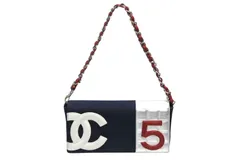 極美品 CHANEL シャネル No.5 チョコバー チェーンワンショルダーバッグ 7番台 ココマーク キャンバス レザー シルバー金具 中古 4b008629