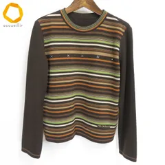 #w レリアン Leilian ニット セーター 9号 茶 マルチ ボーダー ビース ラメ ウール 毛 日本製 レディース [972605] k01