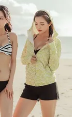 【 UVカット ラッシュガード  水着４点セット 】体系カバー水着セット (エムシトロン) M-Citron   レディース 水着  UPF機能 クール質感ラッシュガード ボーダービキニ