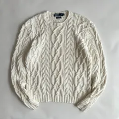 90s/Polo by Ralph Lauren/ラルフローレン/コットンニット/ハンドニット/ケーブル編み/立体/クルーネック/プルオーバー/ローゲージ/ざっくり/ホワイト/L/jmaple