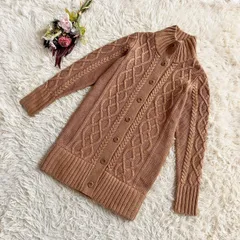 フォロワー限定お得なクーポン配布中！ 『UNIQLO』ユニクロ　ハイネック長袖ニットカーディガン　羽織　ミドル丈　毛　前開き　フロントボタン　リブ編み　ケーブル編み　ベージュ(L)