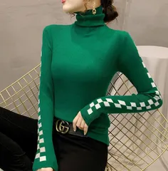 【グリーン】タートルネック ハイネック ニット レディース セーター トップス 長袖 リブニット スリム 着痩せ 韓国風 秋冬 おしゃれ