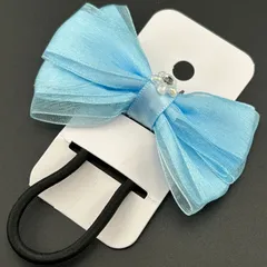 【新品】ヘアアクセサリー リボン ブルー 花 ホワイト 可愛い 大きめ ヘアゴム◆