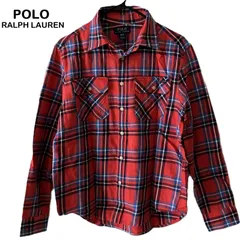 【POLO RALPH LAUREN/ポロラルフローレン】チェックシャツ L(14-16)  赤チェック レッド ロゴ 長袖シャツ ネルシャツ コットン 洗濯OK（中古）