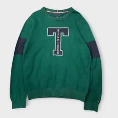 Tommy Hilfiger セーター トミーヒルフィガー Lサイズ ダークグリーン コットン ニット Tロゴ