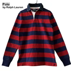 【Polo by RalphLauren/ポロバイラルフローレン】ラガーシャツ ボーダー ロゴ刺繍 ネイビー×レッド×デニム素材 赤×紺 長袖ポロシャツ（中古）