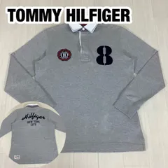 TOMMY HILFIGER トミーヒルフィガー 長袖ラガーシャツ M ワッペン プリント バックロゴ ゴムボタン 袖ロゴ 霜降りグレー 着丈69.5cm 肩幅44cm 身幅(脇下)52cm 袖丈62cm【古着】
