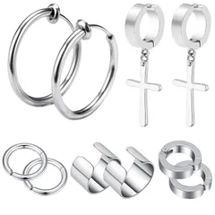 【在庫処分】メンズ メンズ ペンダント ラウンド シンプルイヤリング ノンホールピアス ステンレス製 兼用 レディース フェイクピアス 5点セット イヤーカフ ZTFT