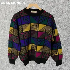 GRAN SIGNORE 幾何学模様 ヴィンテージ マルチカラー ウールセーター Mサイズ