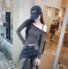 (海外配送)ストライプ オフショルダー 長袖Tシャツ